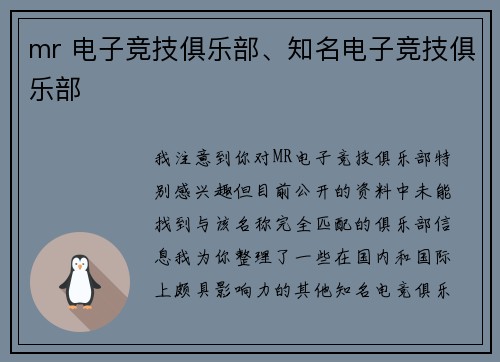 mr 电子竞技俱乐部、知名电子竞技俱乐部