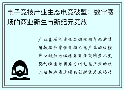 电子竞技产业生态电竞破壁：数字赛场的商业新生与新纪元竞放